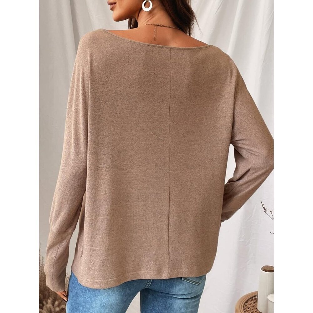 Women Long Sleeve Off Shoulder Knit Top Casual Loose Fit Solid Blouse - Picture 3 of 5